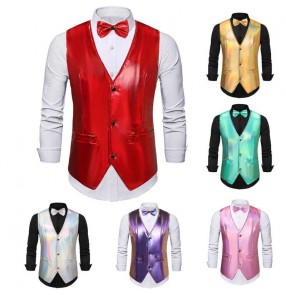 Colorful Jazz Dance vests for men youth Bar ds dj singers Stage green gold red silver purple pink glitter leather waistcoat Birthday Party Show Disco Shiny Vest with bow tie